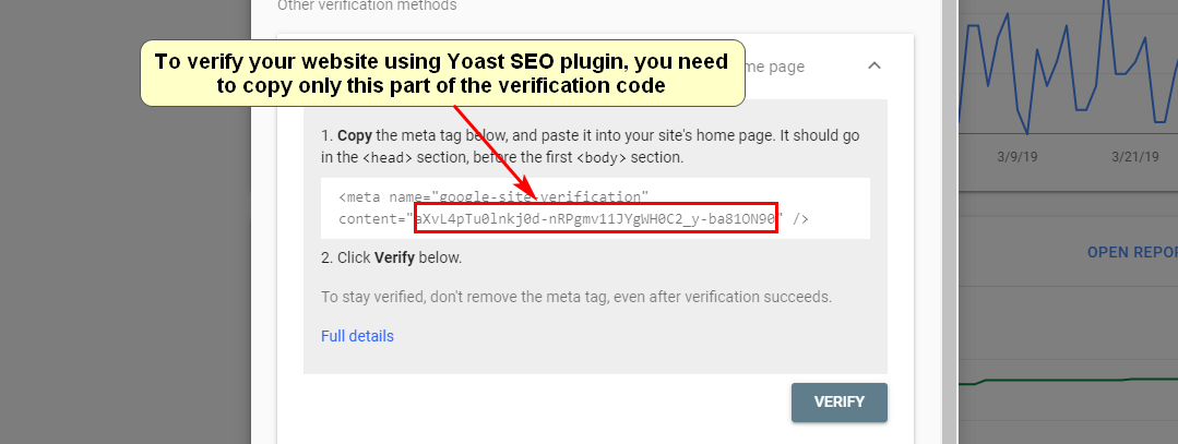 Screenshot of verifying a WordPress website using Yoast