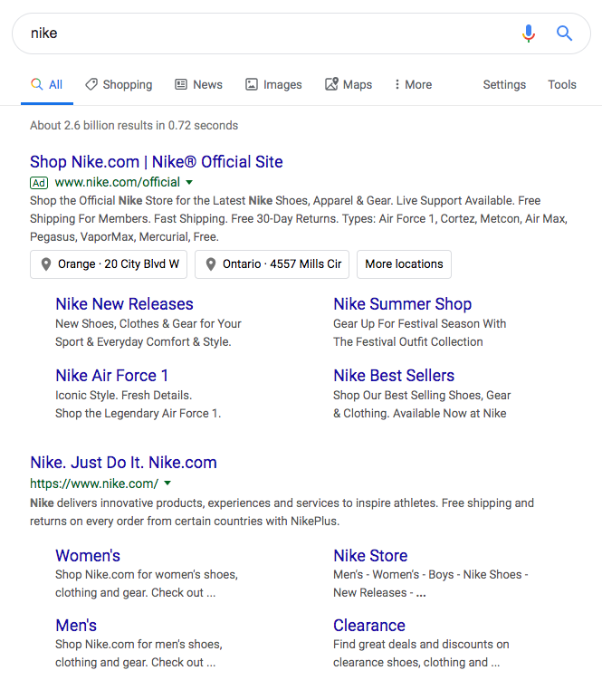 screenshot of SERP listings and ads for Nike 