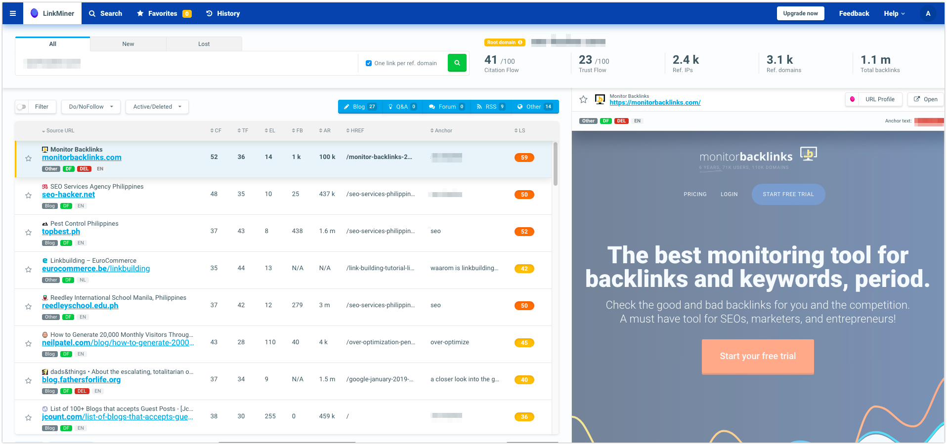 Listing of backlinking opportunities in LinkMiner