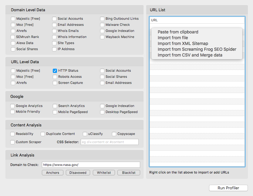 Screenshot of bulk data listing that URL Profiler provides at a URL and domain level