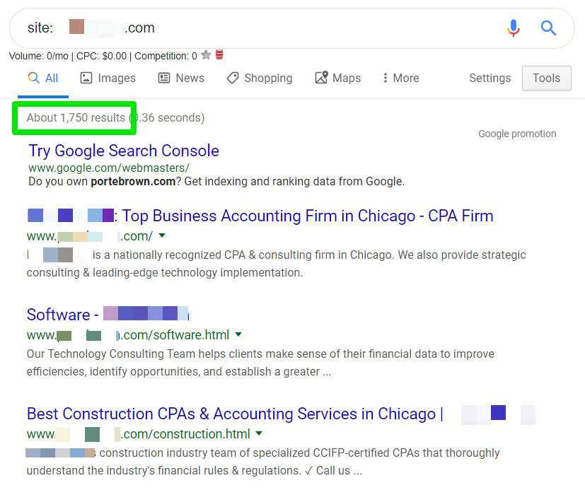 screenshot example of using Google search results to spot inefficient indexation