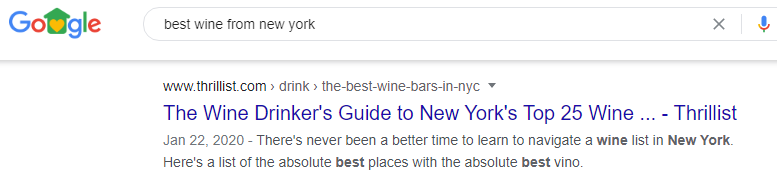 Local SEO example New York wine