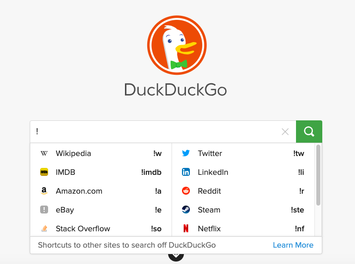 duckduckgo shortcuts to other sites