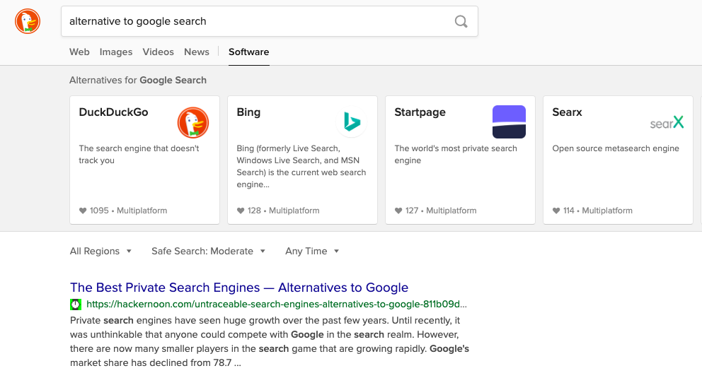 duckduckgo query for "alternatives to google search"